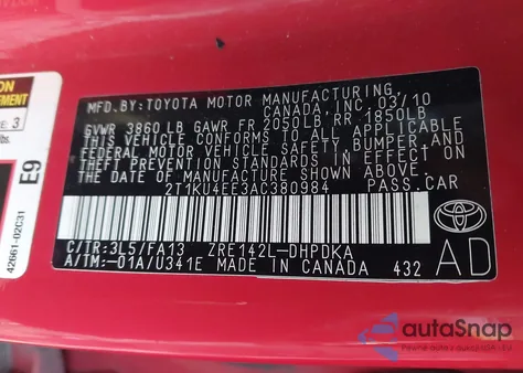 2010 Toyota Matrix z USA, uszkodzony, nr VIN 2T1KU4EE3AC380984